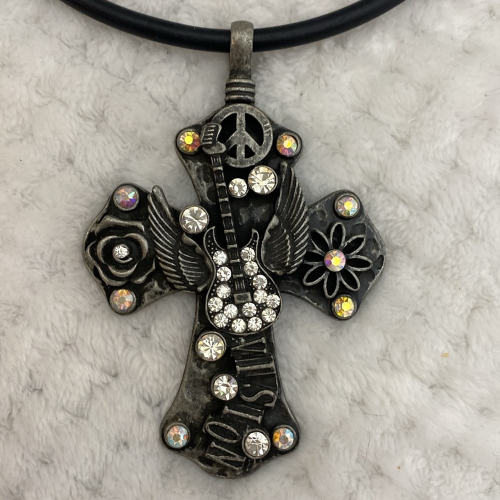 Large cross guitar rockstar pendant necklace